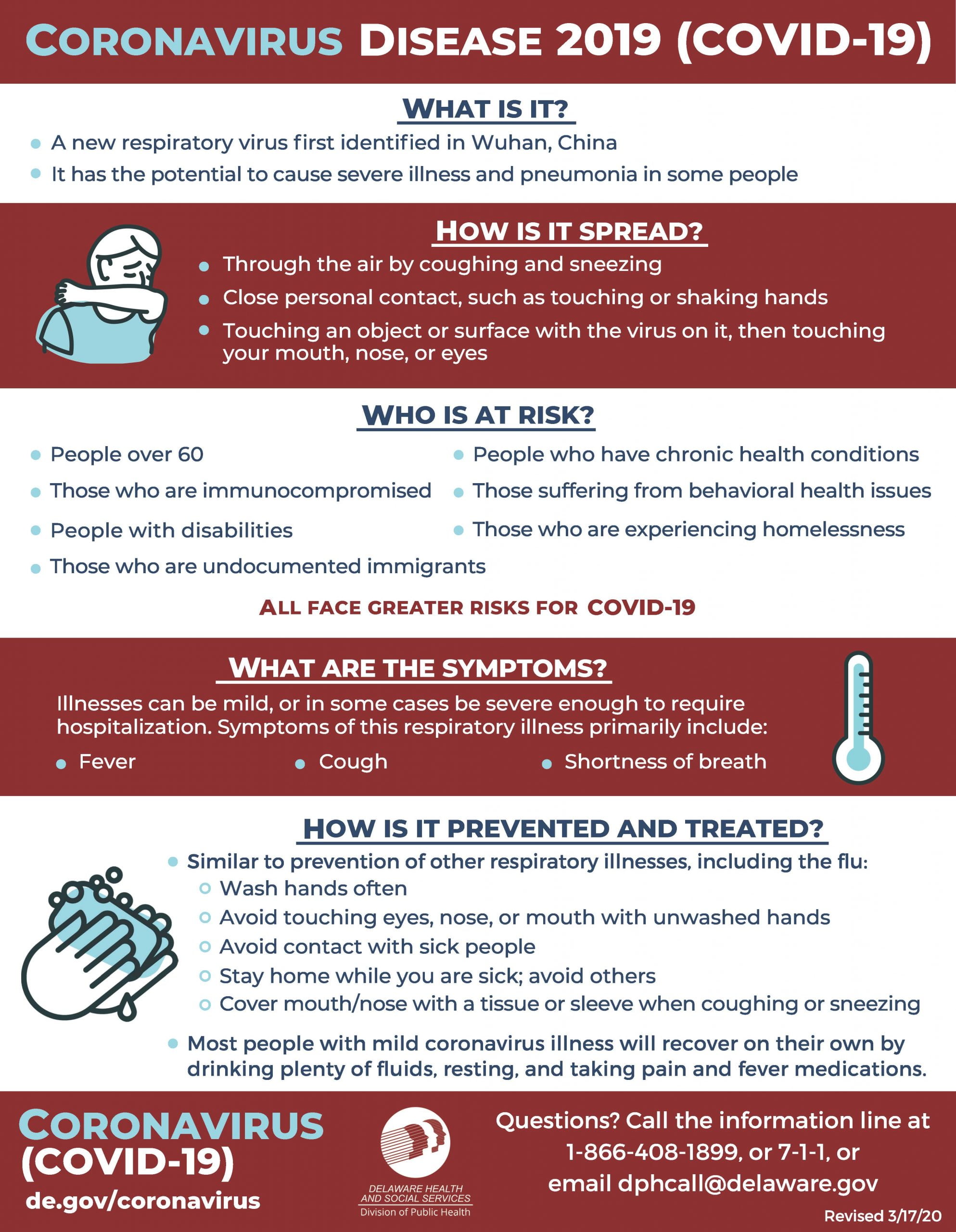 Infographic on COVID-19, its spread and and preventing and treating it by Delaware Health and Social Services.